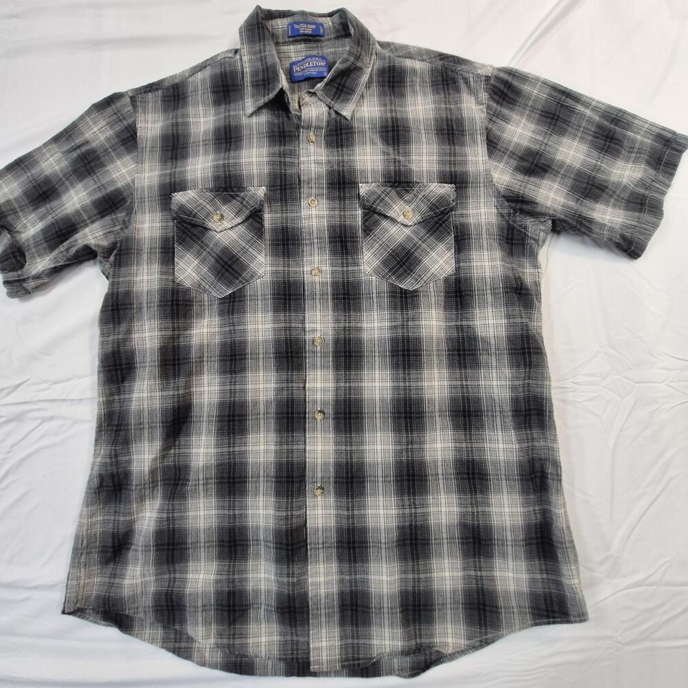 Pendleton Shirt Mens Large Gray Plaid Tracker Short Sleeve Cotton Button Front